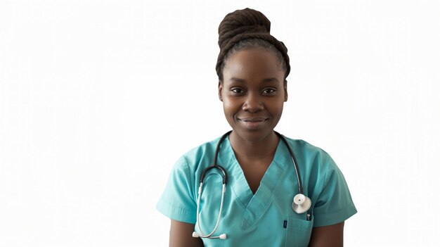 enfermera compasiva en uniforme capturada contra un fondo blanco con una sonrisa cariñosa lista para ayudar a los pacientes