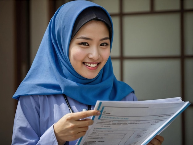 Foto enfermera coreana vestida de azul y con un hijab syari bien arreglado