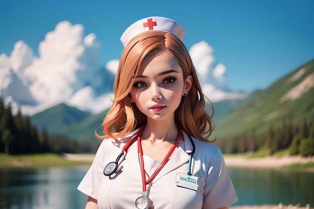 Una enfermera con una cruz roja en la gorra se para frente a una montaña.