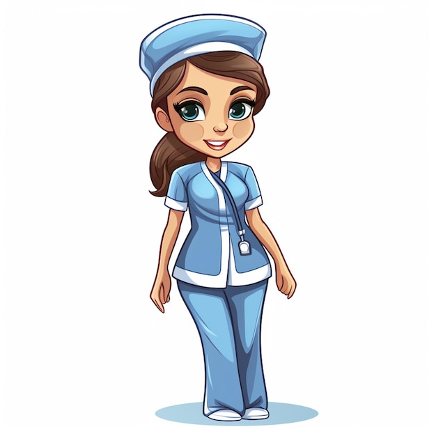 Foto enfermera de dibujos animados en uniforme azul de pie con un estetoscopio generativo ai