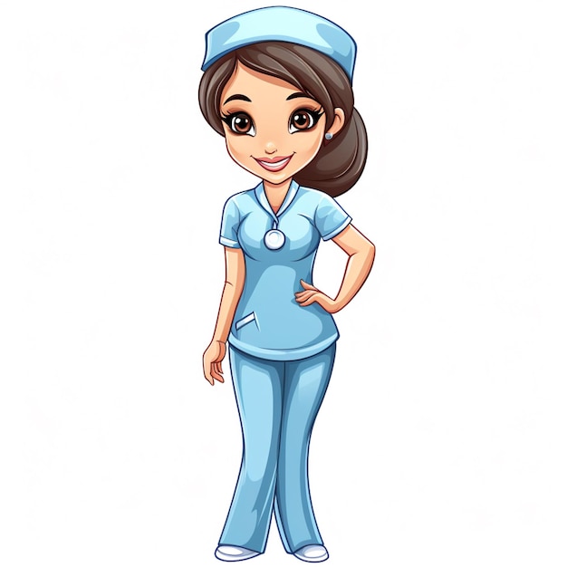 enfermera de dibujos animados en uniforme azul de pie con las manos en las caderas generativa ai