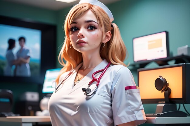 Una enfermera está de pie frente a una pantalla de computadora que dice "niña del hospital"