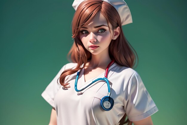 Una enfermera con un estetoscopio en el cuello se para frente a un fondo verde.