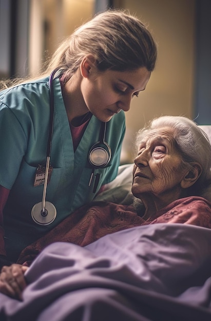 Una enfermera con un estetoscopio en el cuello habla con una anciana.