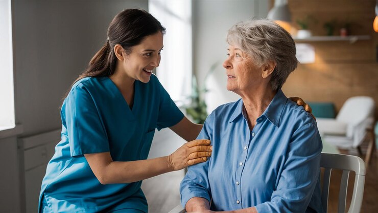 una enfermera habla con una anciana en una habitación del hospital