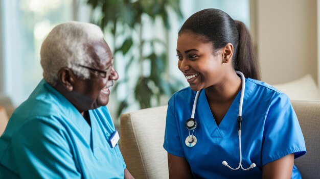 Una enfermera habla con un paciente mayor