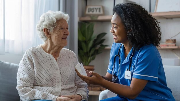 Foto la enfermera hablando con la anciana.