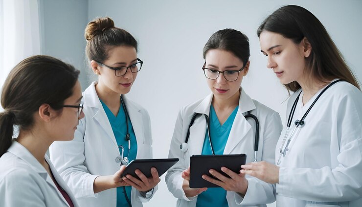 La enfermera del hospital y las personas con la tableta en discusión con el análisis de los resultados y el informe de salud en c