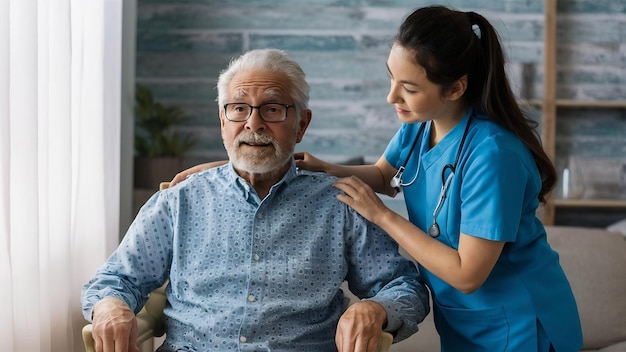 La enfermera de largo alcance ayudando al anciano a levantarse
