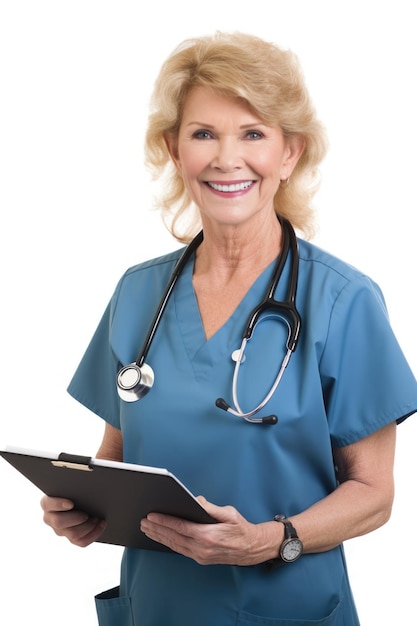 Enfermera madura sonriendo sosteniendo un portapapeles con una tableta digital junto a un fondo blanco