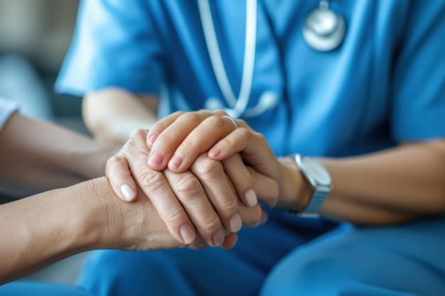 Enfermera de la mano con el concepto de apoyo al paciente y atención médica