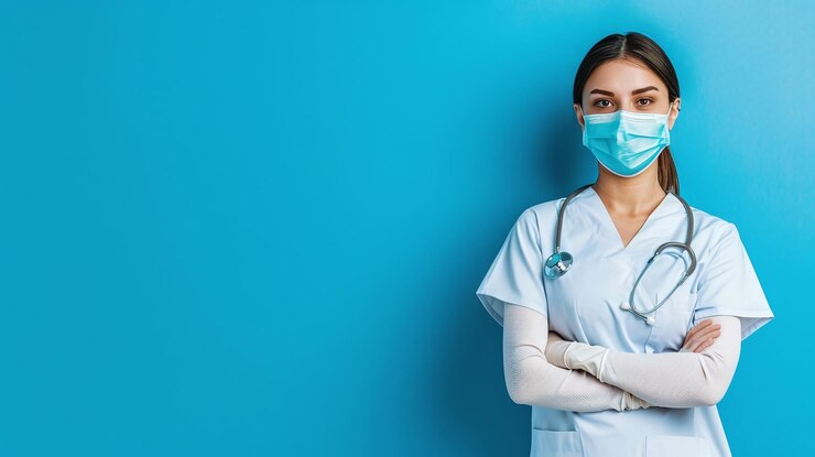 una enfermera con una máscara de extirpación azul de pie contra una pared azul