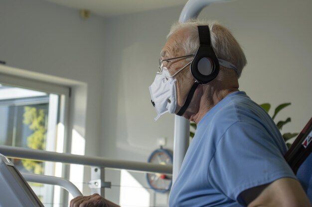 Enfermera de máscara de fisioterapia ayudando a un anciano con ejercicio y protección contra el virus