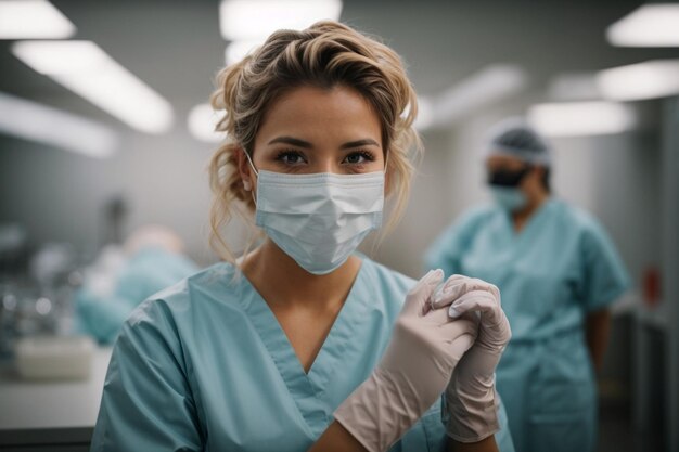 Enfermera con una máscara que se pone guantes preparándose para curar a un paciente de coronavirus