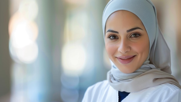 enfermera musulmana segura en el hijab sonriendo en el retrato