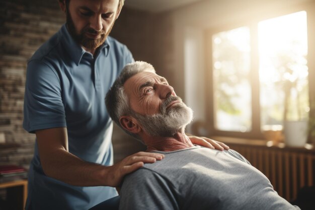 Enfermera ortopédica estirando la médula espinal y el hombro de un paciente anciano con lesiones para la fisioterapia