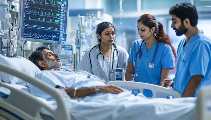 una enfermera y un paciente en una cama de hospital