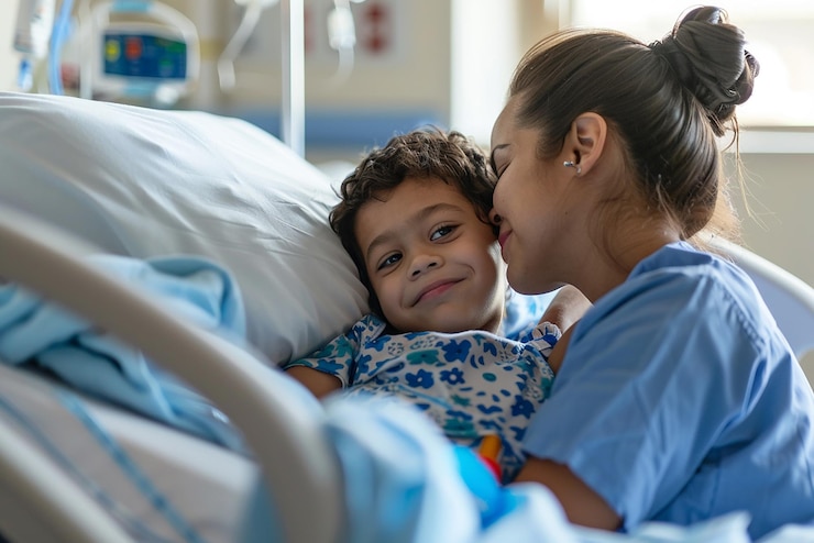 Foto una enfermera profesional consuela a un niño en una cama de hospital