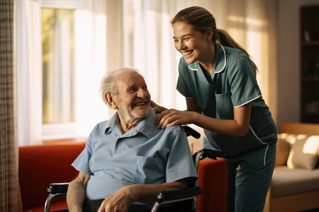 Una enfermera proporciona apoyo y asistencia esenciales a un anciano en silla de ruedas Enfermera feliz cuidando a un hombre mayor sentado en un sillón en casa Generado por IA