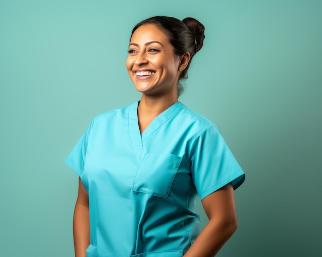 una enfermera sonriente con bata azul