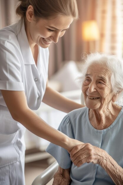 La enfermera sonriente tomando de la mano a una anciana