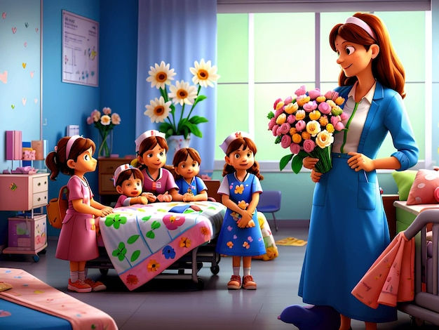 una enfermera sosteniendo un ramo de flores y celebrando el día de las madres con sus hijos