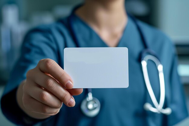 Foto una enfermera con una tarjeta en blanco en la mano