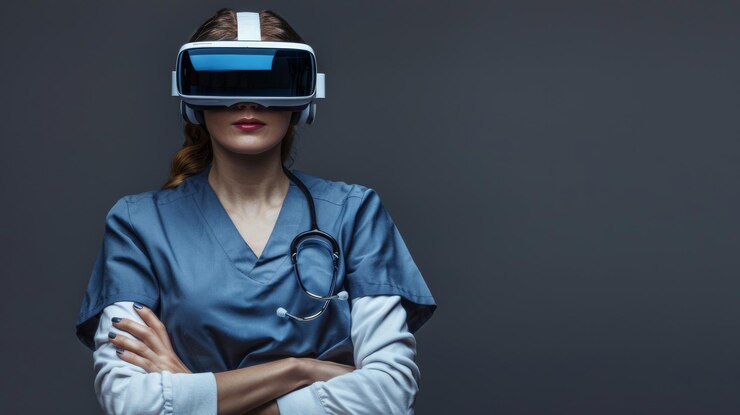 La enfermera tiende a proporcionar confort y apoyo a los pacientes con empatía y profesionalismo con gafas de sol de realidad virtual