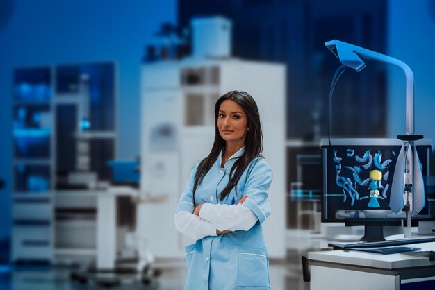 Foto una enfermera en un uniforme azul de pie en el corredor de un hospital moderno