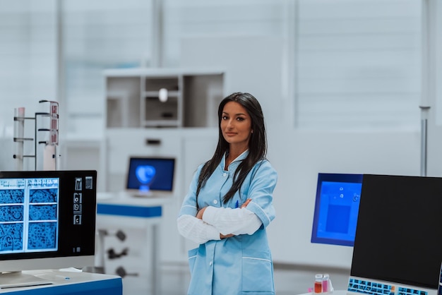 Foto una enfermera en un uniforme azul de pie en el corredor de un hospital moderno