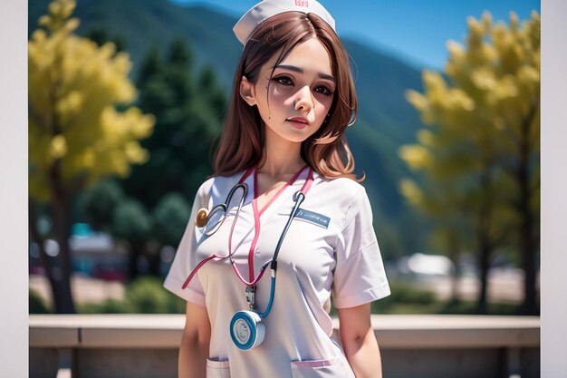 Una enfermera con un uniforme blanco y un alfiler azul en el cuello