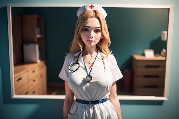 Una enfermera con un uniforme blanco está de pie frente a un escritorio.