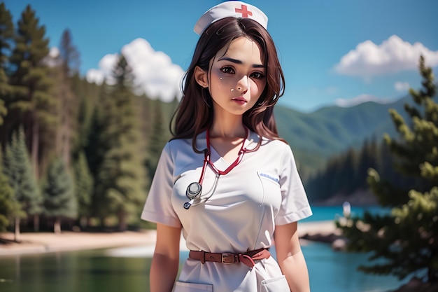Una enfermera con uniforme blanco se para frente a un lago.