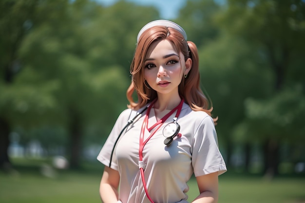 Una enfermera en uniforme con un cordón rojo alrededor del cuello