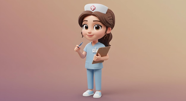 Enfermera en un uniforme médico sosteniendo un portapapeles personaje de dibujos animados 3D Ilustración AI Generar