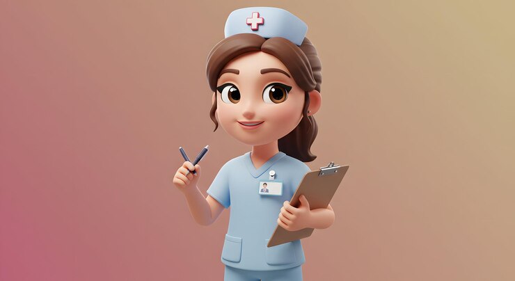 Enfermera en un uniforme médico sosteniendo un portapapeles personaje de dibujos animados 3D Ilustración AI Generar