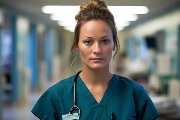 Una enfermera vestida con bata parada en un pasillo vacío.