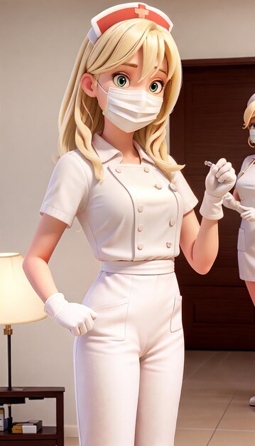 Una enfermera con un vestido blanco parada en un hospital sosteniendo algo en la mano