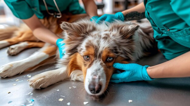 Foto enfermera veterinaria experta examinando a un border collie alegre en una clínica moderna para garantizar una salud óptima de la mascota