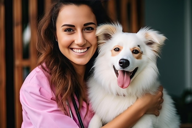 Enfermera veterinaria feliz sonriendo a un perro lindo Clínica veterinaria perrito joven veterinaria femenina en el hospital de mascotas concepto de perro saludable Ilustración de IA generativa
