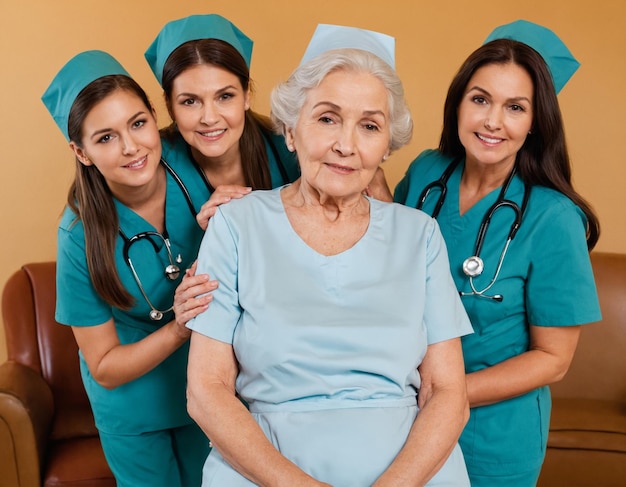 Las enfermeras de frente posan junto con la abuela vieja