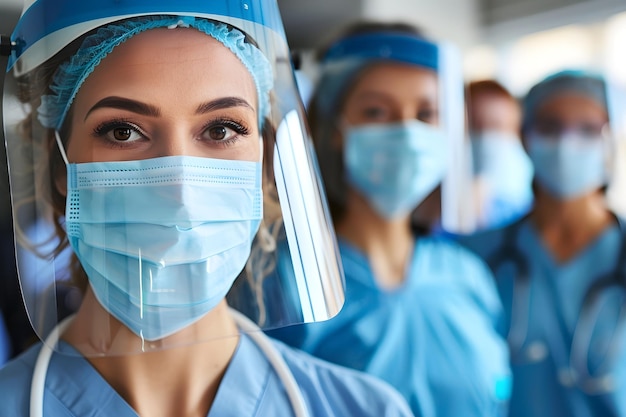 Enfermeras con trajes de protección y máscaras en el hospital