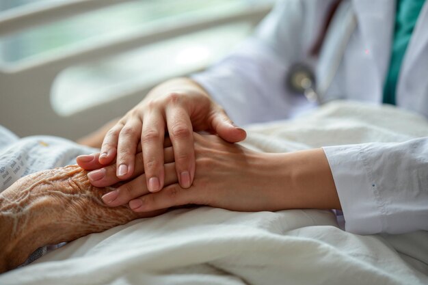 Enfermería sosteniendo a pacientes ancianos en el hospital IA generativa