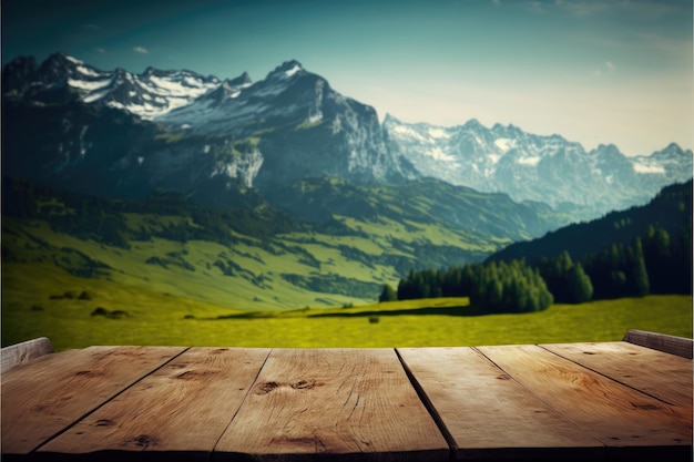 Enfocar la mesa de madera vacía con fondo de pradera de árboles naturales borrosos