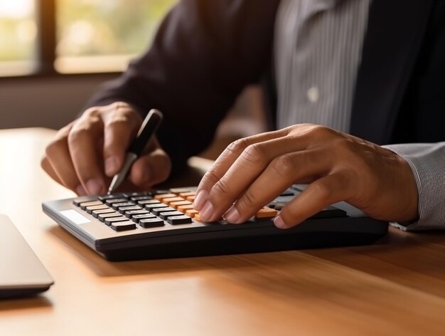 Foto el enfoque del empresario que utiliza la calculadora en la mesagenerative ai