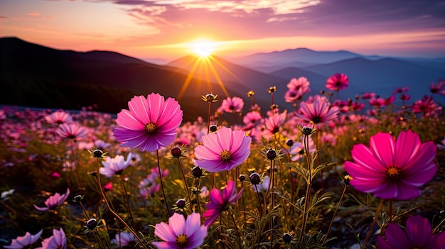 Foto enfoque fotográfico macro detallado puesta de sol sobre la montaña con flores coloridas generar ia