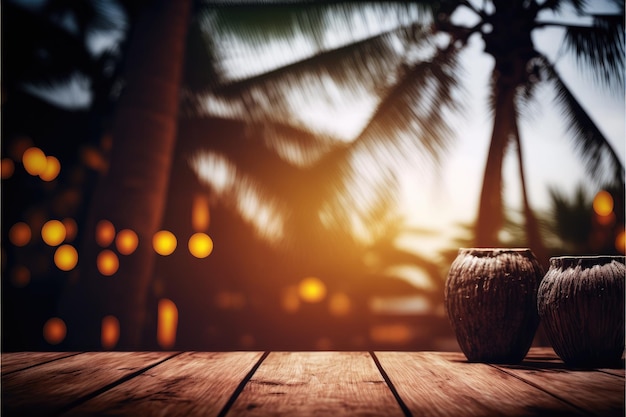 Enfoque la mesa de madera vacía con un fondo borroso de coco y palmeras