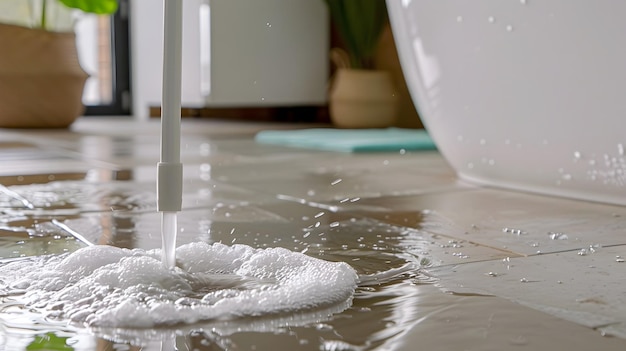 Foto enfoque seguro y sostenible para la limpieza del suelo del baño con detergente ecológico y técnica de fregado a fondo