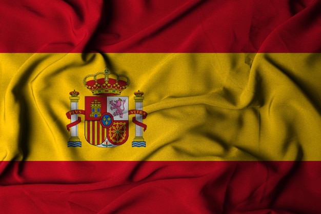 Enfoque selectivo de la bandera española con textura de tela ondeante ilustración 3D