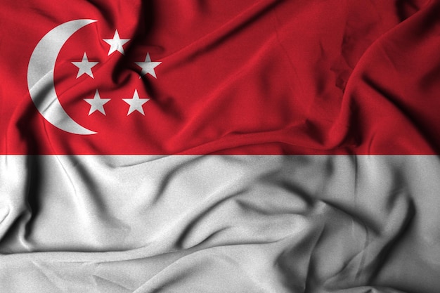 Enfoque selectivo de la bandera de singapur con ilustración 3D de textura de tela ondeante